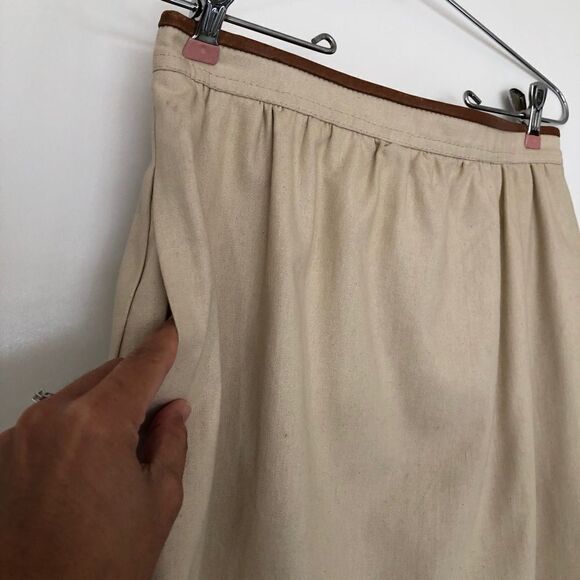 Celine Vintage Linen Skirt British Tan Leather Trim Made in France Small 28” - Picture 3 of 9